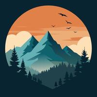 Teal mountain range and forest scenery with birds in flight vector