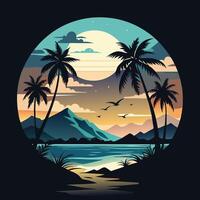 graphic of tropical beach scene with palm trees and sunset vector