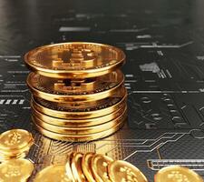 Bitcoin coins stacked on electronic background with cryptocurrency and money saving concept. photo