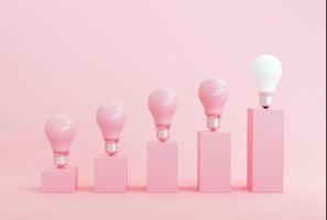 Minimal conceptual idea concept, outstanding white light bulb among pink light bulbs on bar chart on pink background with copy space, 3d rendering photo