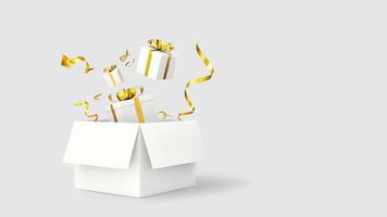 White gift box with golden ribbon opening surprise on white background with copy space and Clipping path, 3d rendering. photo