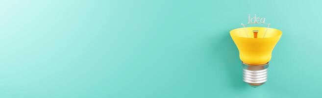 Yellow light bulb with flat lay from above, copy space, 3d rendering photo