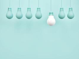 Creative idea light bulb symbol on simple pastel blue background with different idea design concept, 3d rendering. photo