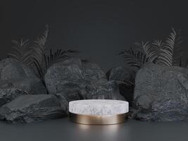 Black geometric Stone, Rock shape background, Mockup for podium display Product presentation and Dark Spa Charcoal Concept. photo