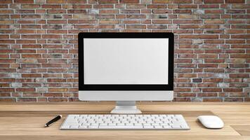 Computer screen white With a keyboard and a pen and a mouse on a wooden table with a brick patterned flap background. 3d render of workspace mockup photo