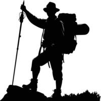 Silhouette of a hiker with backpack and walking stick on mountain top vector