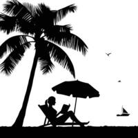 Woman relaxing reading book on tropical beach silhouette vector