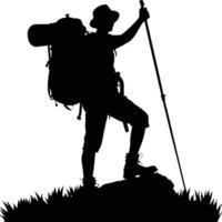 Silhouette of a hiker with backpack on a hill exploring nature vector