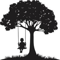 Silhouette of a child on swing hanging from tree branch with grass vector