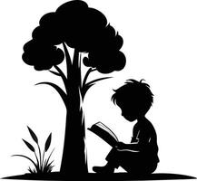 Silhouette of a boy reading a book under a tree on a hill vector