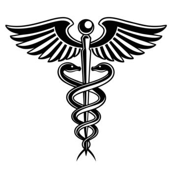 Black and white caduceus medical symbol with snakes and wings vector