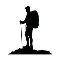 Silhouette of hiker with backpack and walking stick on mountain top vector