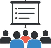 Group of people attending presentation with projection screen in flat minimal illustration vector