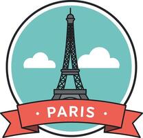 Eiffel Tower landmark with clouds and red banner in minimal flat design illustration vector