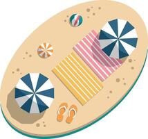 Top view of beach scene with striped umbrellas towels and sandals flat design illustration vector