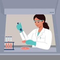 Female scientist working with petri dish and pipette in laboratory setting illustration vector
