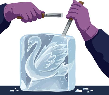 Ice sculptor carving a swan figure with chisels in purple gloves illustration