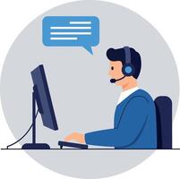 Customer support representative wearing headset working at computer in modern flat style illustration vector