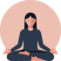 Woman meditating in lotus pose with calm expression and peach background illustration vector