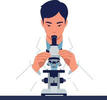 Male scientist examining sample with microscope in flat minimal style illustration vector