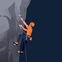 Man rock climbing with orange helmet and gear on dark grey cliff illustration vector