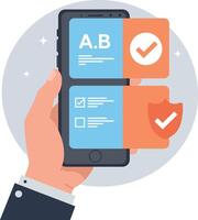 Hand holding smartphone with security checklist and shield icons in flat design digital illustration vector