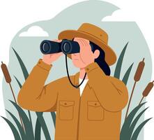 Wildlife watcher using binoculars in nature with brown hat and jacket illustration vector