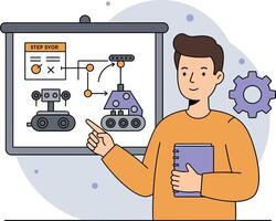 Young man explaining robotic design concepts with flowchart presentation in flat minimal illustration vector