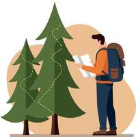 Male hiker with backpack reading map near pine trees in minimal flat style illustration vector