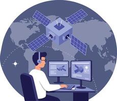Satellite monitoring operator working with dual screens flat digital art illustration vector