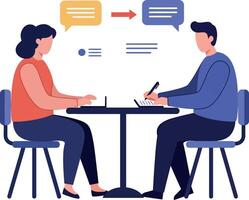 Two people engaged in discussion at table with speech bubbles flat design illustration vector