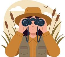 Wildlife Watcher with Binoculars in Nature Field with Reeds and Bird Illustration vector