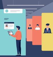 Man using tablet for identity verification in modern office with colorful panels flat design illustration vector