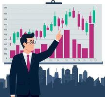 Businessman analyzing financial data with candlestick and bar chart in flat design illustration vector