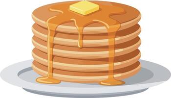 Stack of golden pancakes with melting butter and flowing syrup on white plate flat design illustration vector