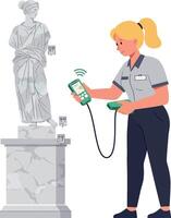 Female conservator examining ancient marble statue with digital scanner in flat design illustration vector