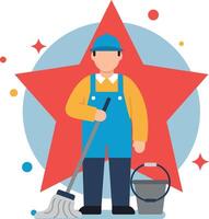 Cleaning worker with mop and bucket illustration with red star background and blue circular shape vector