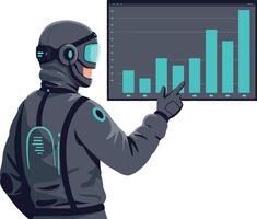 Futuristic man wearing helmet pointing at ascending bar chart in flat digital art vector