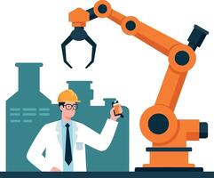 Scientist with safety helmet operating orange robotic arm in industrial factory flat design illustration vector