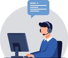 Male customer support agent with headset working on computer in flat design style illustration vector