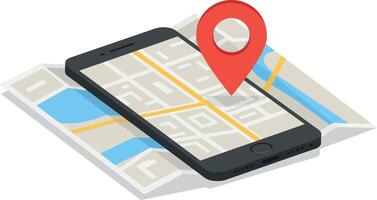 Smartphone with map application and red location pin in flat design style illustration vector