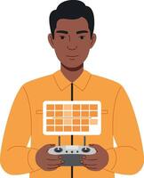 Young man controlling drone with remote controller flat design technology illustration vector