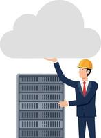 Male engineer in suit with helmet interacting with cloud above server rack flat style illustration vector