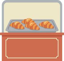 Croissants on tray inside bakery display case with warm colors flat design illustration vector