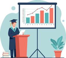 Graduate student presenting growth chart with bar and line graph minimal flat style illustration vector
