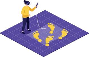 Person in yellow sweater using virtual reality headset and controller on purple grid with yellow footprints flat illustration vector