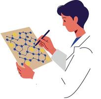 Scientist studying molecular structure with detailed nodes and connections in flat design illustration vector