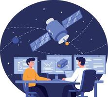 Two male engineers analyzing satellite data with multiple screens in modern flat design illustration vector