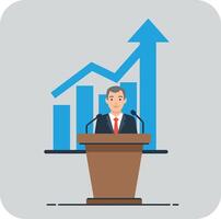 Businessman in suit presenting at podium with rising graph and arrow in flat design illustration vector