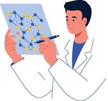Male scientist analyzing molecular structure with pen in hand flat design illustration vector